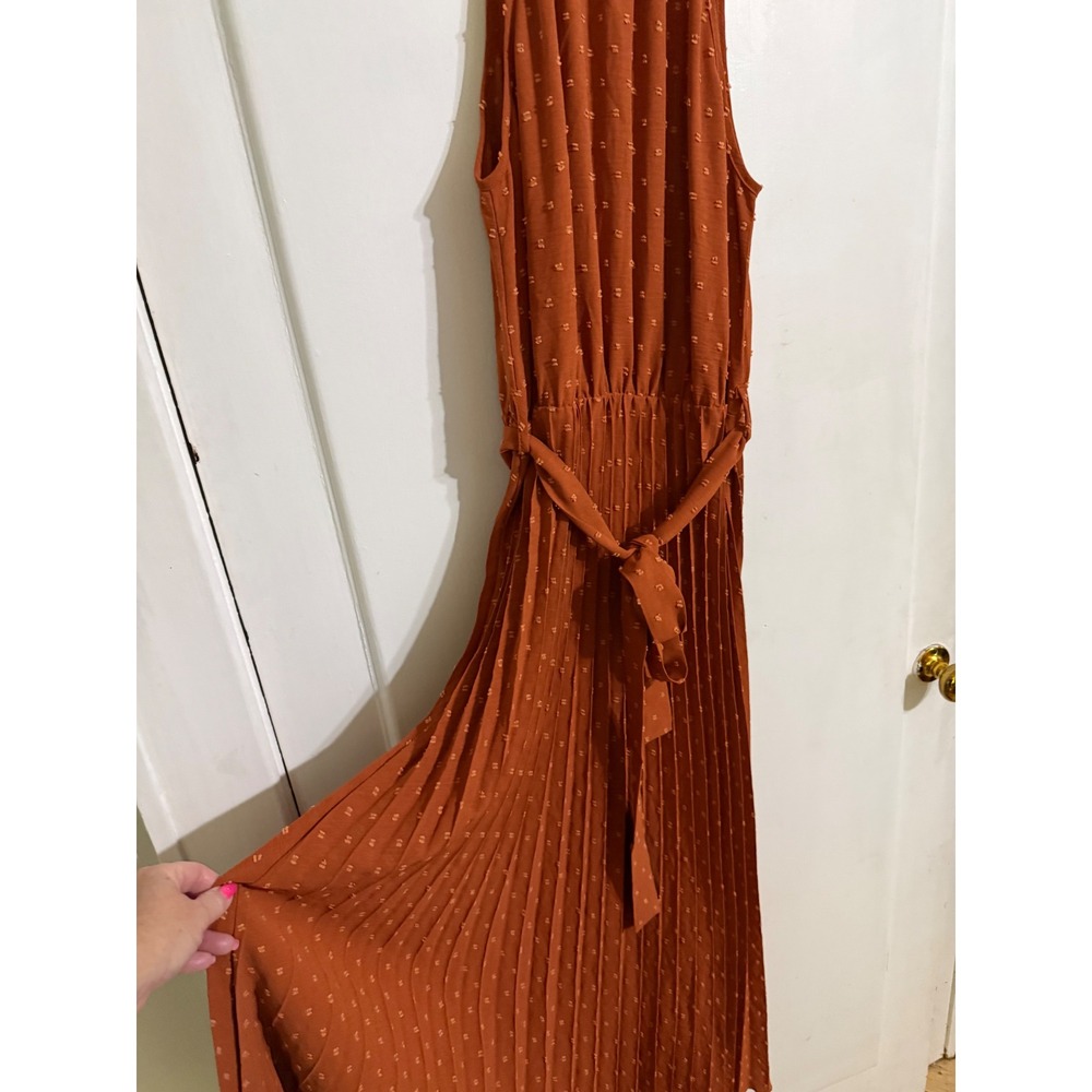 PrettyGarden Rust Orange Swiss Dot Pleated Halter Maxi Dress Womens Medium